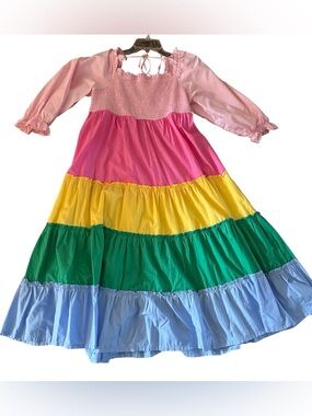 Colorful Peasant Dress Smocked Tiered Pink Yellow Green Blue Large